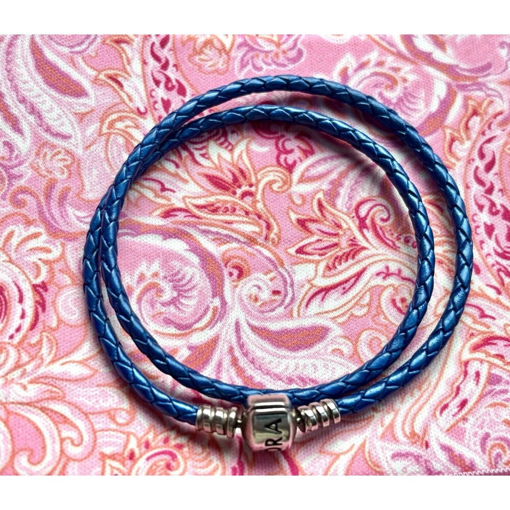 PANDORA Blue Leather Double Bracelet with Sterling Silver Clasp - EUC - Picture 3 of 5